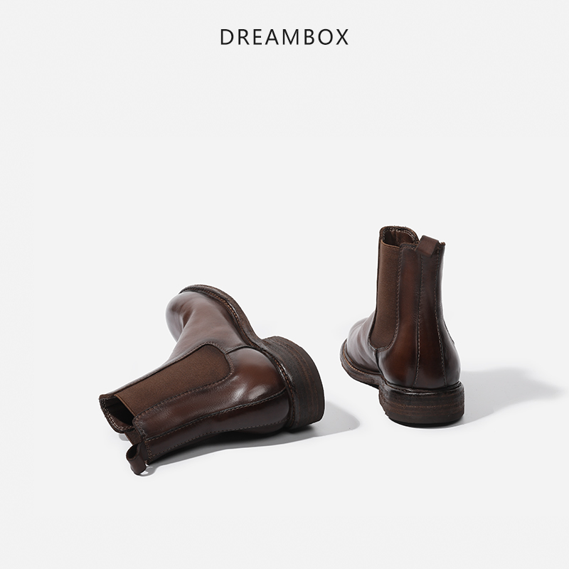 dreambox冬季女靴英伦复古胎牛皮切尔西靴真皮底手工固特异马丁靴