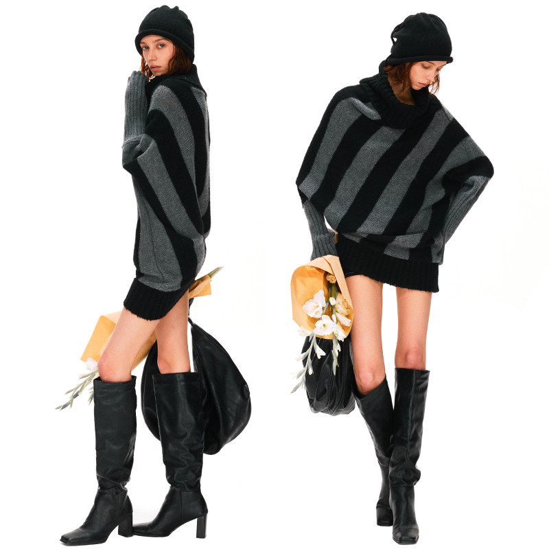 KVKV 羊毛马海毛复古蝙蝠袖两穿斜肩黑灰条纹毛衣,淘宝优惠券,粉丝福利购,淘宝优惠卷