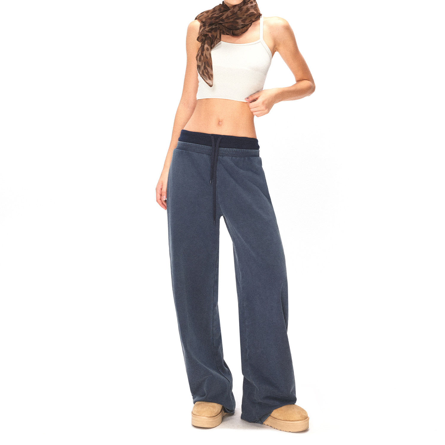 KVKV 藏蓝色重工洗褪双腰头抽绳阔腿宽松休闲运动卫裤,淘宝优惠券,粉丝福利购,淘宝优惠卷