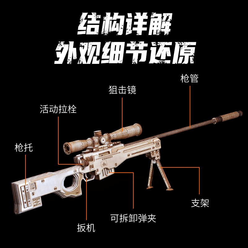 AK47自动皮筋枪木质拼装模型AWM狙击枪3d立体拼图玩具手工diy制作-图1