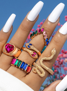 欧美流行饰品戒指手饰 蛇形爱心仿镶钻ins风五件套戒指  宝石戒指