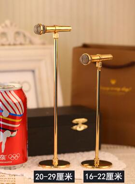 24款迷你铜制镀金麦克风话筒模型可调节高度乐器摆件配手办娃娃配