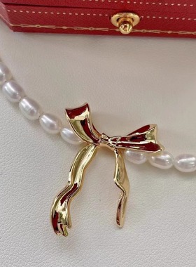 甜妹必看~4-5mm天然淡水珍珠米型珠蝴蝶结项链温锁骨链高级感