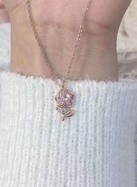 法式温柔玫瑰花项链小粉花花