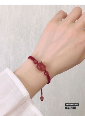 草莓粉晶手链情侣红绳转运