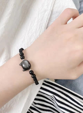 新款福气喵喵黑曜石手工编绳猫咪猫头手链百搭简约送闺蜜情侣礼物