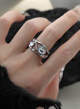 小众个性月光石黑白男女情侣戒指