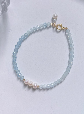 海蓝宝色baby百搭施家珍珠手链ins夏小众清新甜美蓝色水晶手串