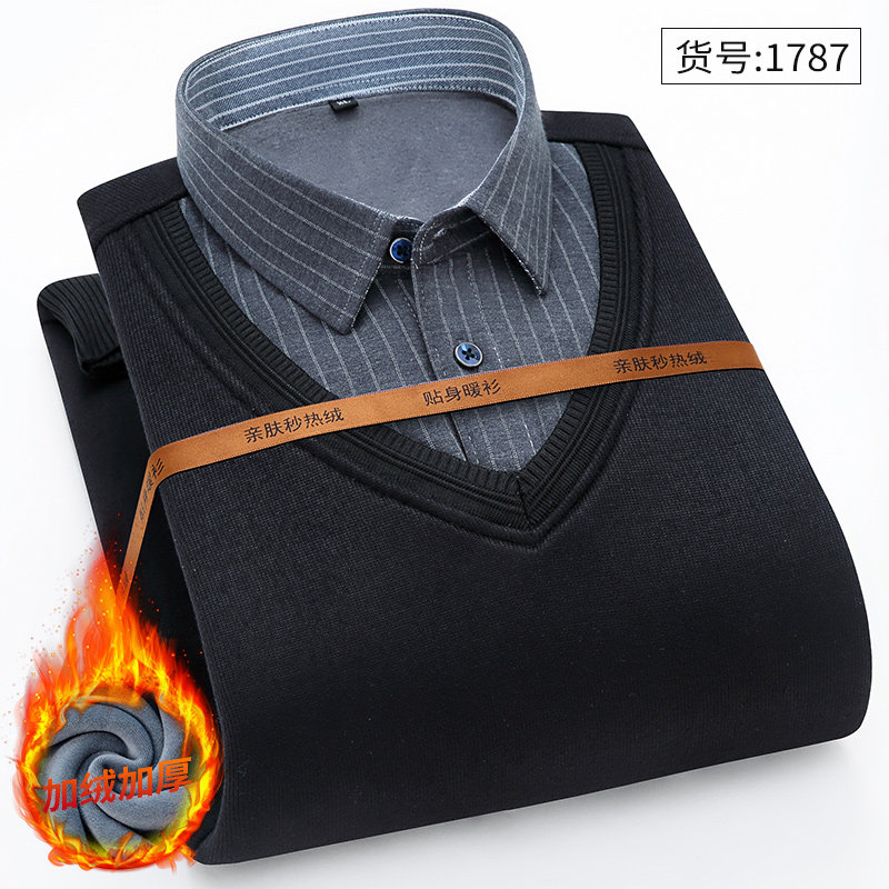 保罗男士衬衫加绒加厚长袖修身毛衣 保罗奢悍衬衫