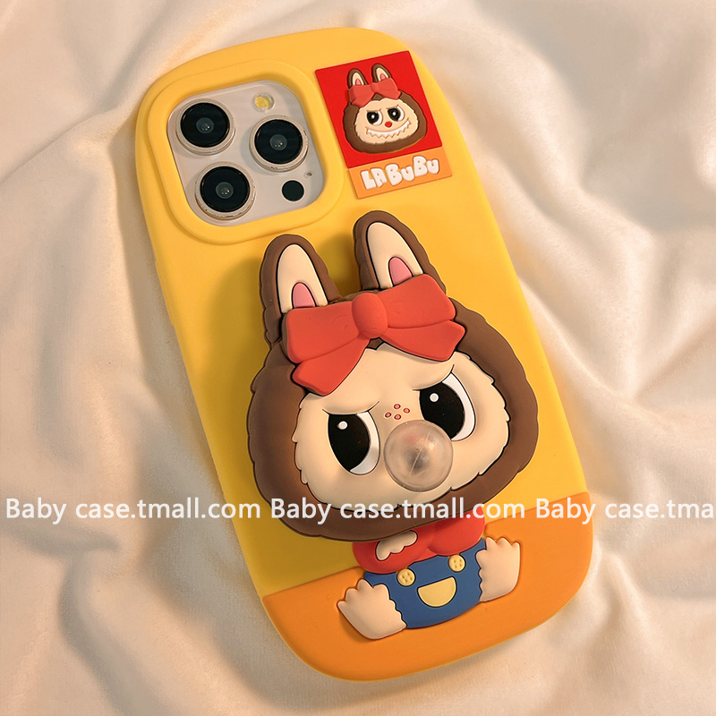 可爱卡通吹泡泡拉布布适用苹果16promax手机壳iPhone15新款14pm一体支架13女16pro网红超火15pro硅胶16全包软
