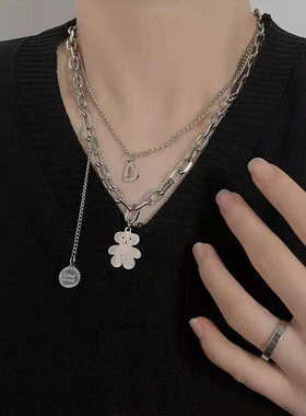 crivla小熊钛钢日韩风吊坠项链