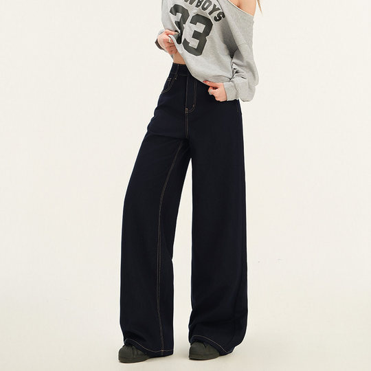 RNBN三代升级面料深蓝高腰牛仔裤女新款宽松加绒直筒休闲长裤子