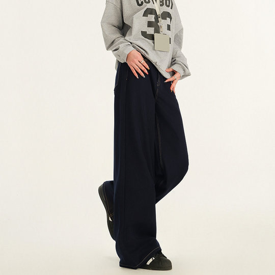 RNBN三代升级面料深蓝高腰牛仔裤女新款宽松加绒直筒休闲长裤子