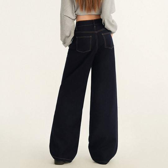 RNBN三代升级面料深蓝高腰牛仔裤女新款宽松加绒直筒休闲长裤子