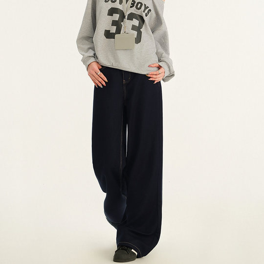 RNBN三代升级面料深蓝高腰牛仔裤女新款宽松加绒直筒休闲长裤子