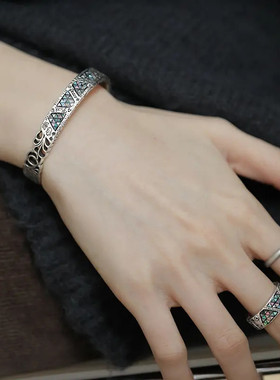 925银复古彩贝几何涂鸦开口手镯