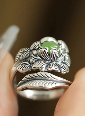 925银复古新中式国色天香牡丹花绿珠戒指环开口调节做旧民族风女