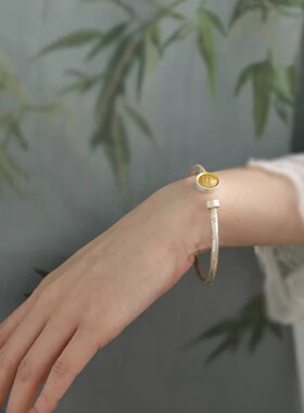 925银复古新中式描金吉言黄财神手镯开口调节精致轻奢时尚高级感