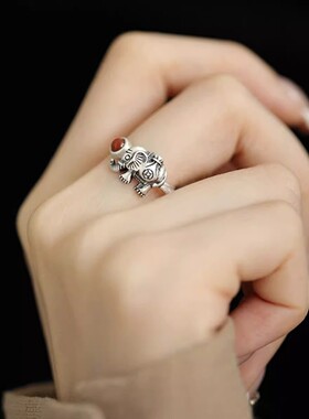 925银复古新中式南红圆珠大象戒指环开口调节简约小众百搭气质女