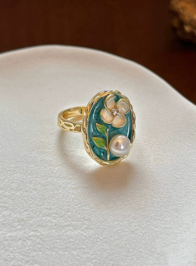 925银新中式珐琅彩珍珠花朵戒指