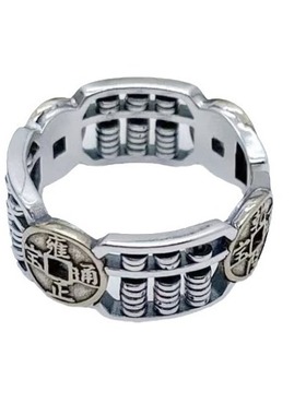 925银复古新中式铜钱算盘戒指环开口调节做旧民族风女小众高级感