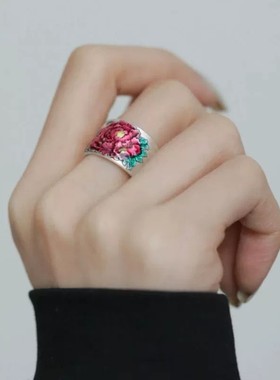 925银新中式珐琅滴釉牡丹花戒指