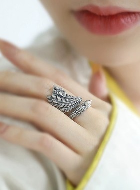 925银复古新中式做旧素色凤凰戒指环开口调节小众设计高级感女士