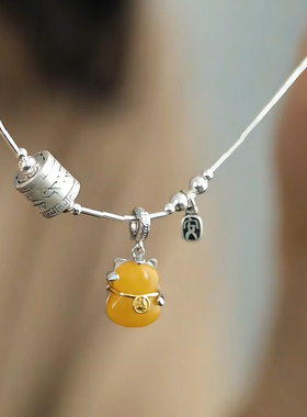 925银蜜蜡招财猫福字吊坠