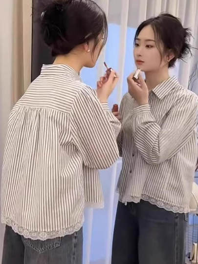 蕾丝花边条纹衬衫女春季2025新款爆款独特漂亮小个子女士衬衣上衣