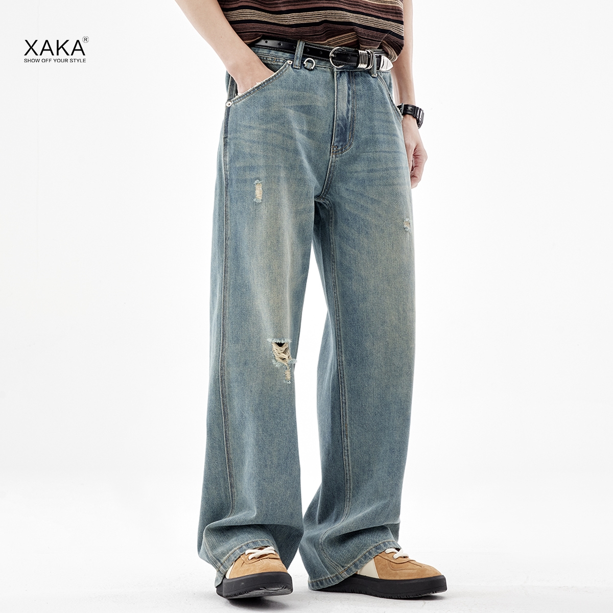 XAKA复古水洗阔腿牛仔裤男新款百搭美式破洞休闲直筒裤宽松拖地裤