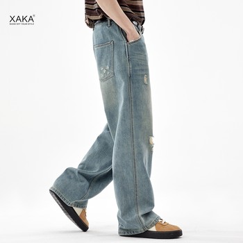 XAKA retro ລ້າງຂາກວ້າງຂອງ jeans ຜູ້ຊາຍອະເນກປະສົງຂອງອາເມລິກາໃຫມ່ ripped ກາງເກງກະທັດຮັດຊື່ວ່າງວ່າງ mopping pants