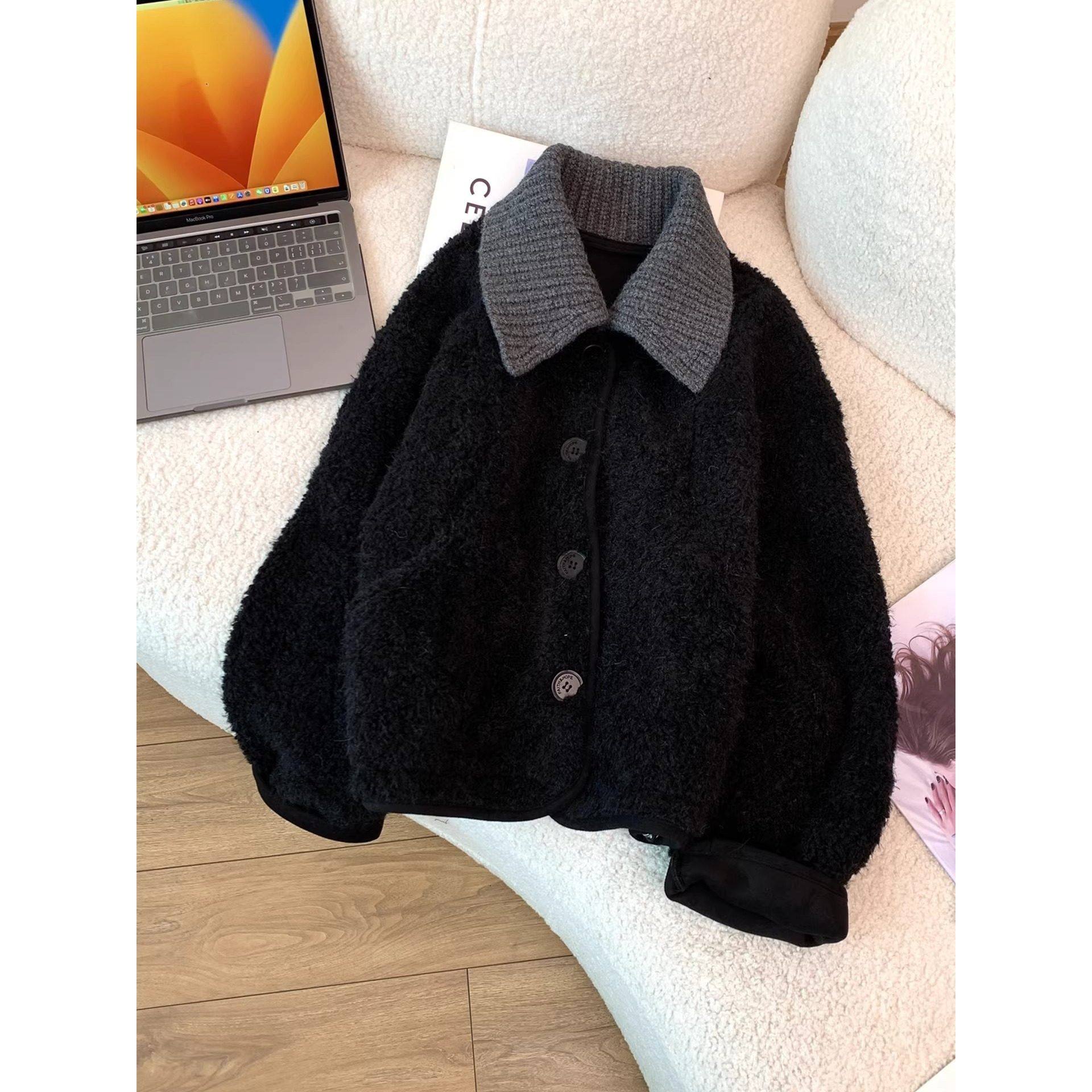 翻领短款羊羔毛黑色外套女加厚冬2026小个子皮毛一体夹克鹿皮绒,淘宝优惠券,粉丝福利购,淘宝优惠卷