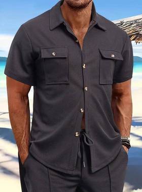 2025夏季欧美男士华夫格短袖休闲纯色翻领百搭衬衫潮Men's Sh