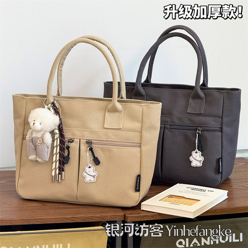 日系ins休闲文艺帆布包包女新款百搭通勤菜篮子手提包外出妈咪包 - 图1