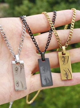 Custom个性化雕刻眼睛图片长条项链 不锈钢时尚创意情侣照片项链