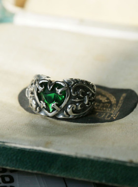 古典绿色爱心s925纯银戒指船锚鸢尾花元素宽尺寸可调节个性时尚