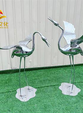 现货不锈钢仙鹤雕塑草坪园林景观售楼部广场装饰金属工艺落地摆件