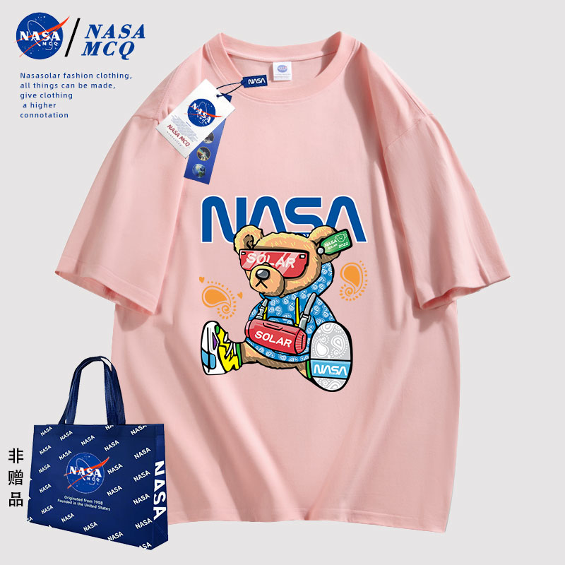 NASA MCQ联名2024夏季时尚百搭动漫小熊印花男士情侣同款T恤FY - 图3