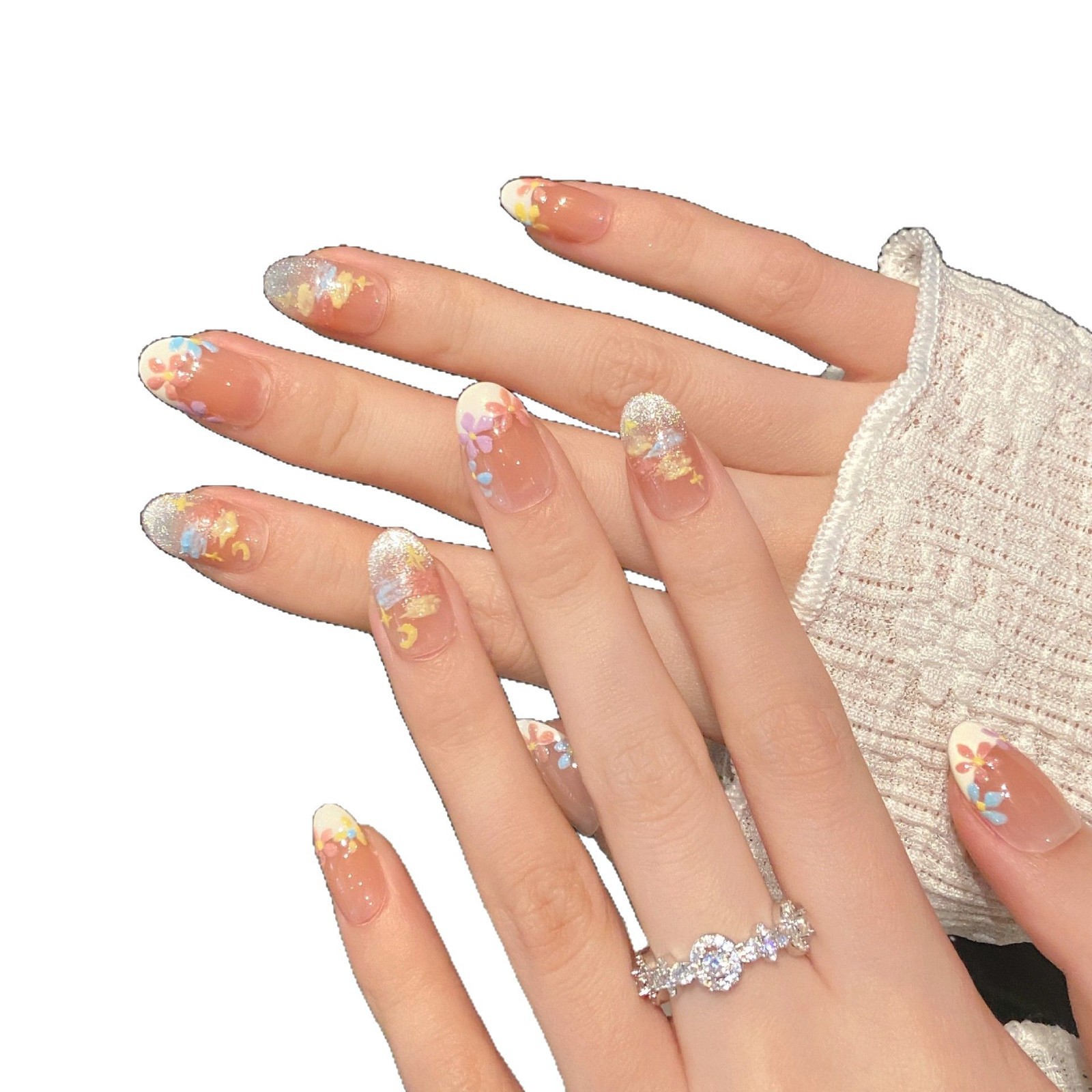 【油画情诗】爆款鸟语花香腮红猫眼法式显白纯手工美甲穿戴甲短款 - 图3