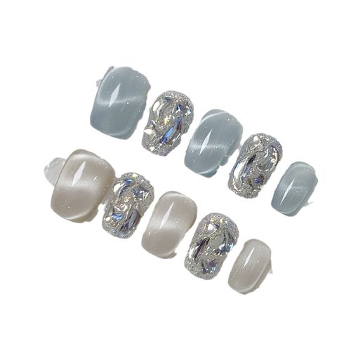 【秦时明月】新款水波纹猫眼纯手工穿戴甲美甲贴片高级感显白短梯 - 图3