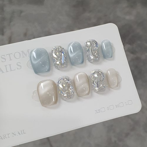 【秦时明月】新款水波纹猫眼纯手工穿戴甲美甲贴片高级感显白短梯 - 图2