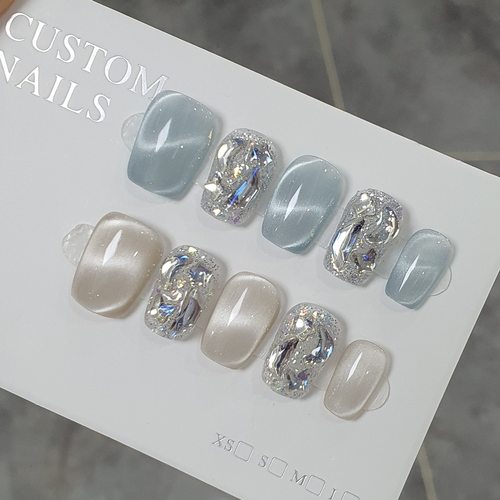 【秦时明月】新款水波纹猫眼纯手工穿戴甲美甲贴片高级感显白短梯 - 图0