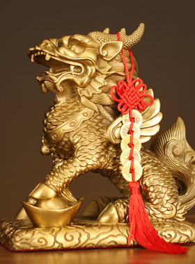黄铜麒麟摆件一对八卦家用卧室