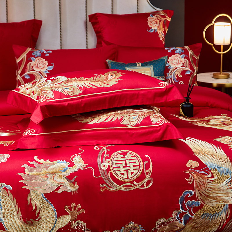 TB婚庆四件套高级感结婚床上用品大红色100支纯棉床单陪嫁十套件