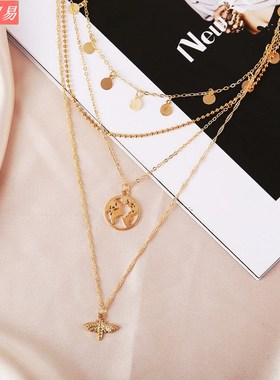Alloy Clavicle Chain Disc Map Bee Pendant Multilayer Necklac