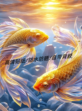 新款黄金多彩锦鲤招财唯美仿真鱼缸装饰贴纸室内墙上浴室玄关贴画