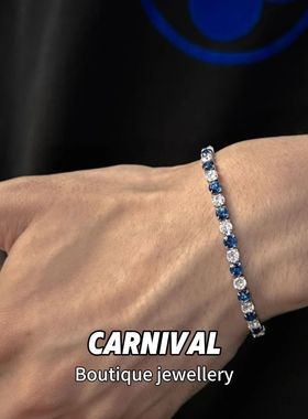 蓝钻钛钢小众设计百搭合成锆石手链男女同款情侣爆闪满钻切工轻奢