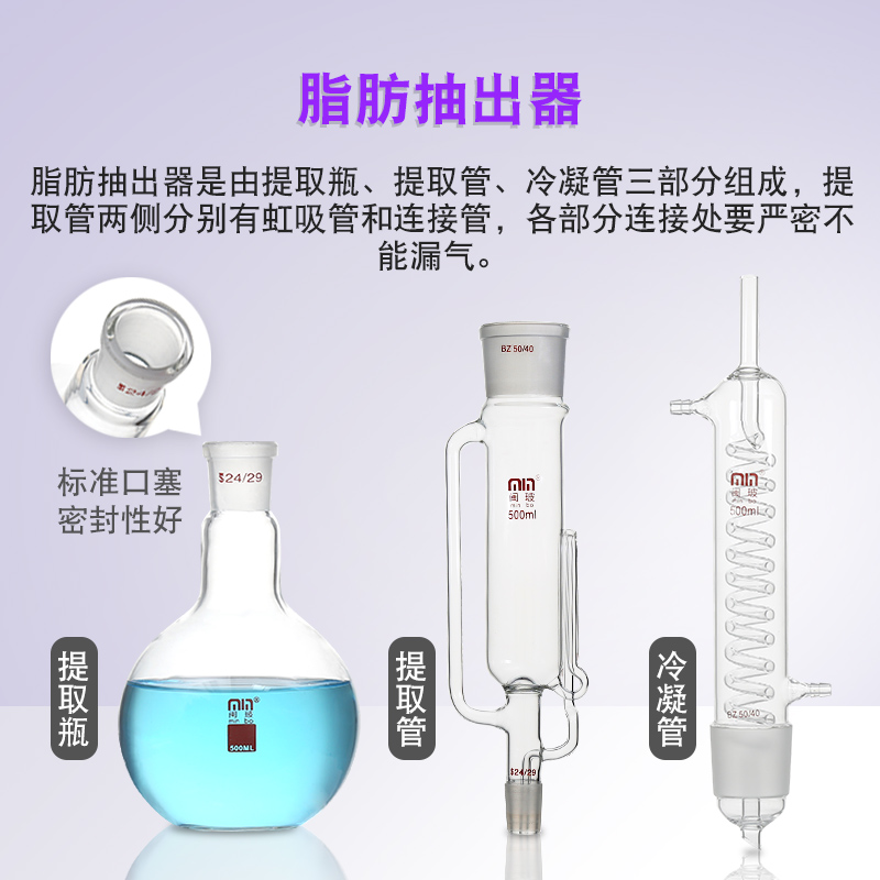 闽玻 玻璃索氏提取器蛇形球形脂肪抽出器冷凝管抽出筒实验室玻璃萃取装置全套60/150/250/500/1000/2000ml - 图1