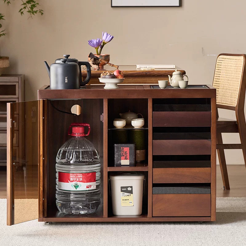 Solid wood movable household tea table small apartment balcony coffee table multi-functional tea table tea set storage tea cabinet