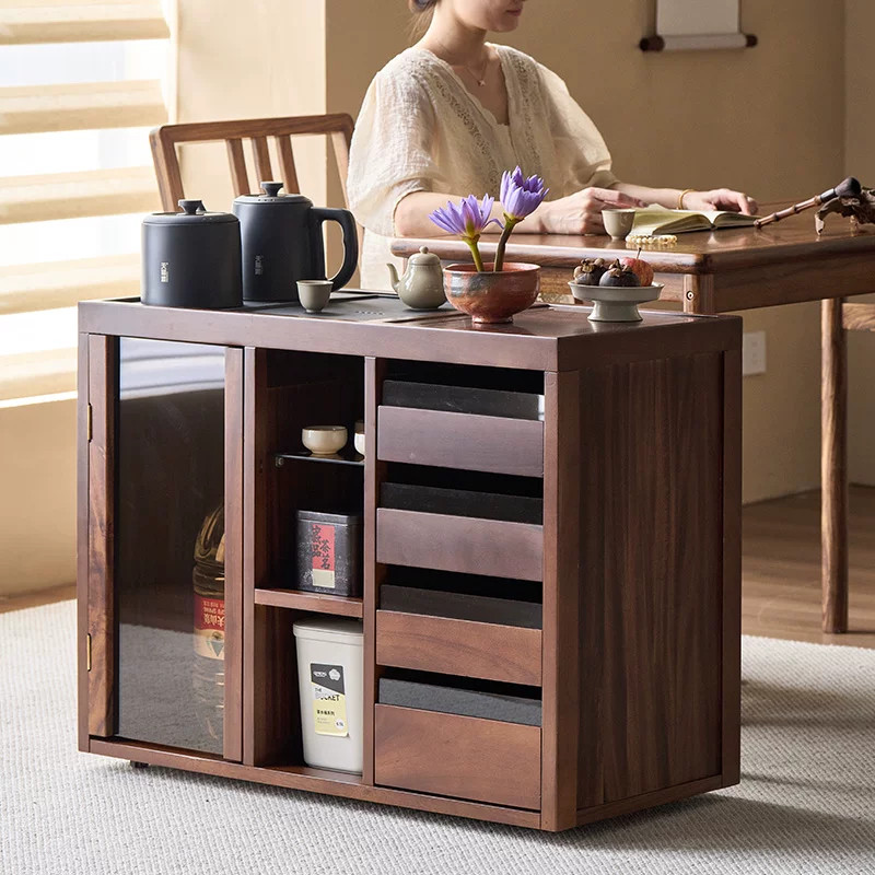 Solid wood movable household tea table small apartment balcony coffee table multi-functional tea table tea set storage tea cabinet